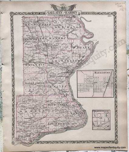 Antique-Hand-Colored-Map-Gallatin-and-Hardin-Counties;-verso:-Saline-County-Illinois-1876-Warner-&-Beers-/-Union-Atlas-Co.-Midwest-1800s-19th-century-Maps-of-Antiquity