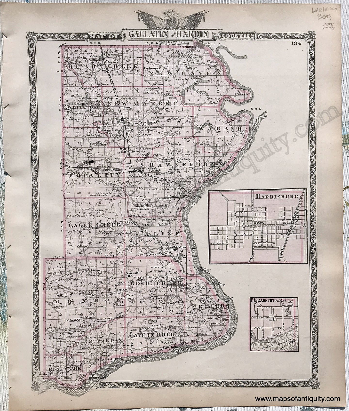 Antique-Hand-Colored-Map-Gallatin-and-Hardin-Counties;-verso:-Saline-County-Illinois-1876-Warner-&-Beers-/-Union-Atlas-Co.-Midwest-1800s-19th-century-Maps-of-Antiquity