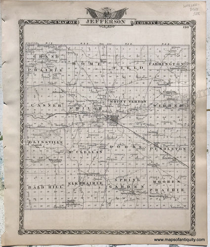 Antique-Hand-Colored-Map-Jefferson-County;-verso:-Four-small-cities-of-Illinois-1876-Warner-&-Beers-/-Union-Atlas-Co.-Midwest-1800s-19th-century-Maps-of-Antiquity