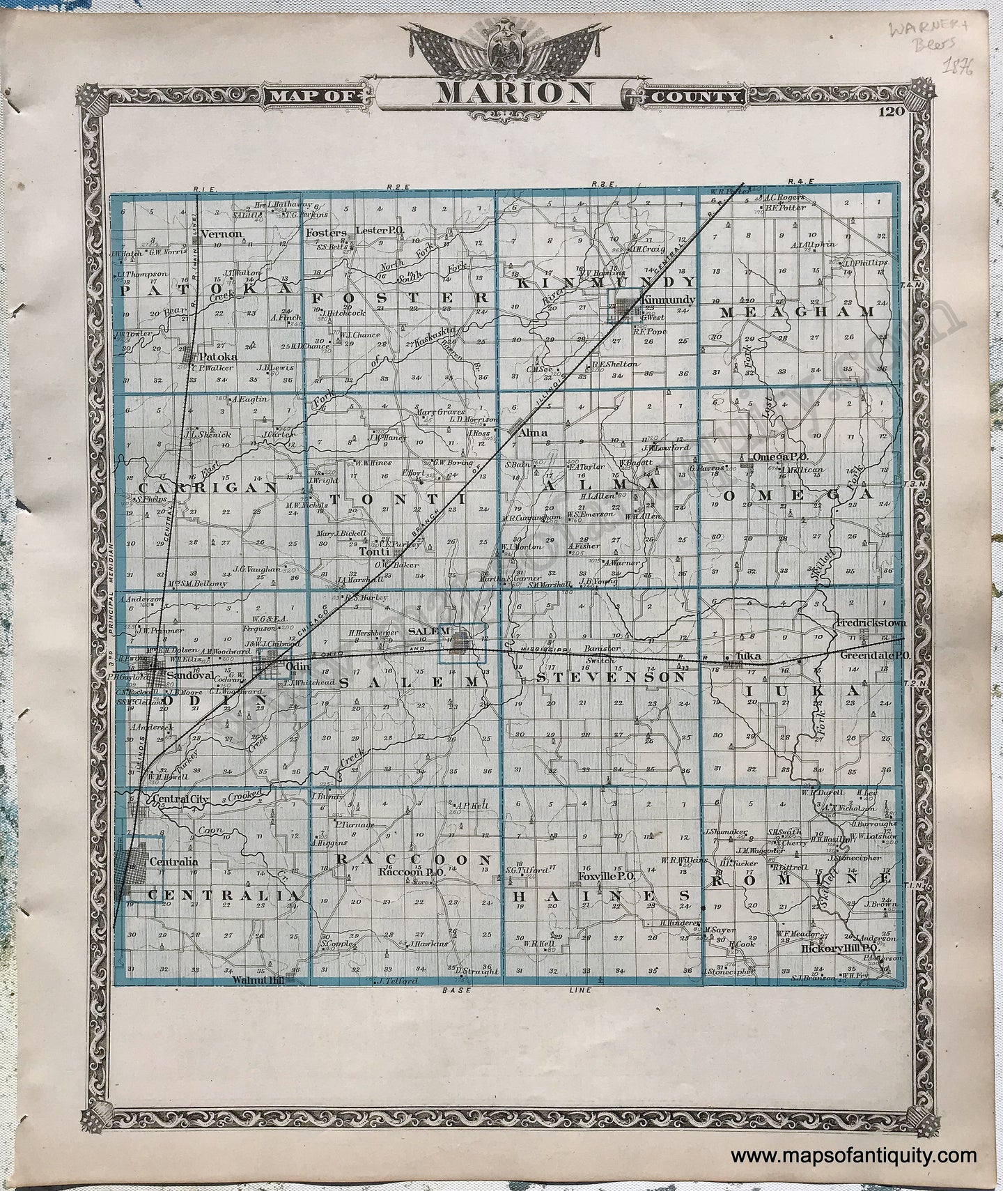 Antique-Hand-Colored-Map-Marion-County;-verso:-Clinton-County-Illinois-1876-Warner-&-Beers-/-Union-Atlas-Co.-Midwest-1800s-19th-century-Maps-of-Antiquity