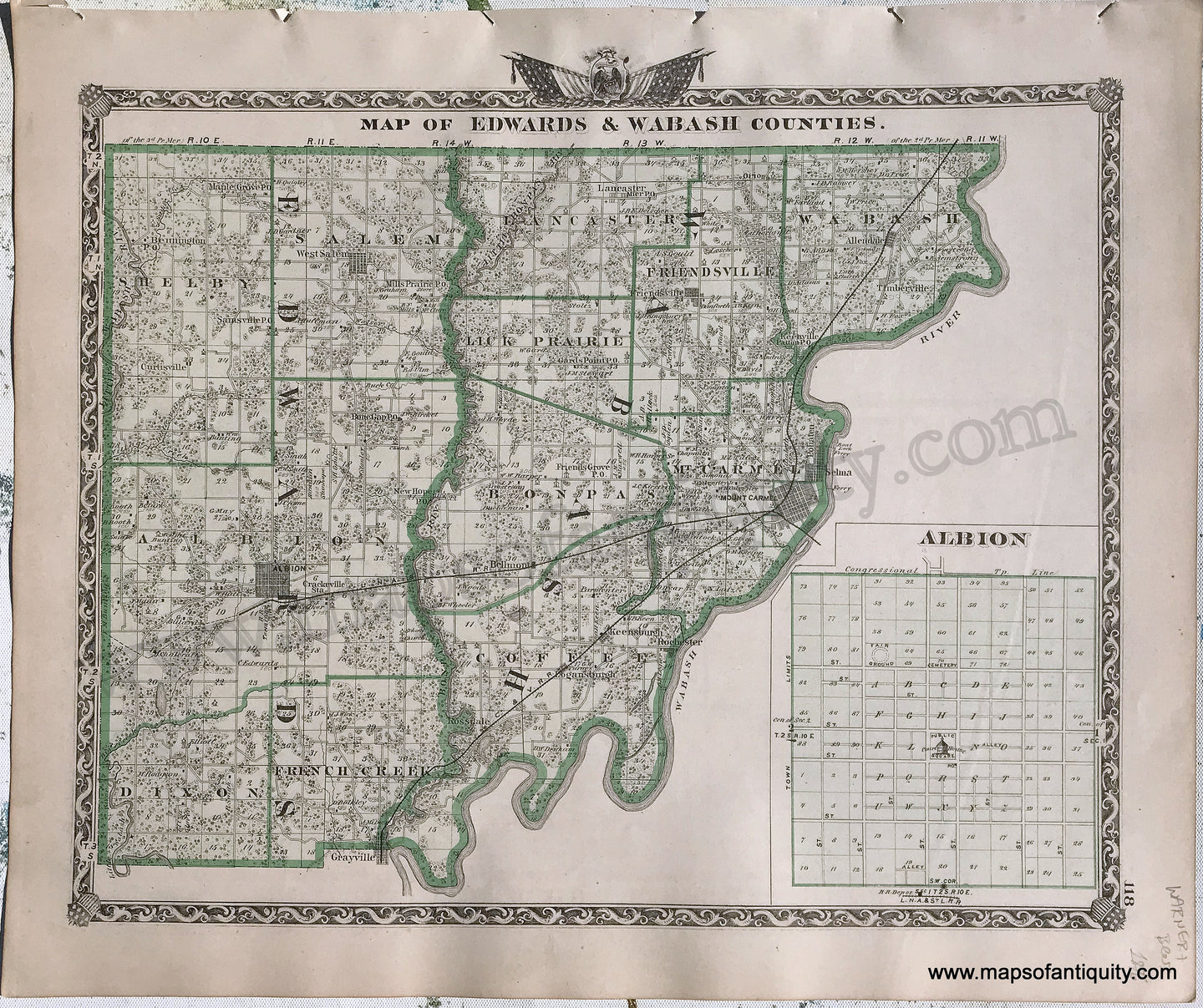 Antique-Hand-Colored-Map-Edwards-&-Wabash-Counties;-verso:-Wayne-County-Illinois-1876-Warner-&-Beers-/-Union-Atlas-Co.-Midwest-1800s-19th-century-Maps-of-Antiquity
