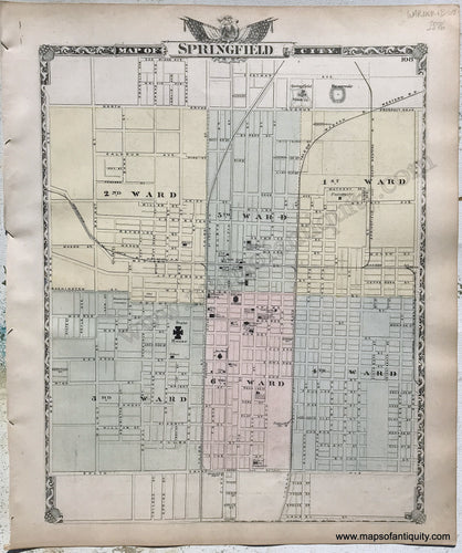 Antique-Hand-Colored-Map-Springfield-Illinois;-verso:-Five-small-cities-in-Illinois-1876-Warner-&-Beers-/-Union-Atlas-Co.-Midwest-1800s-19th-century-Maps-of-Antiquity