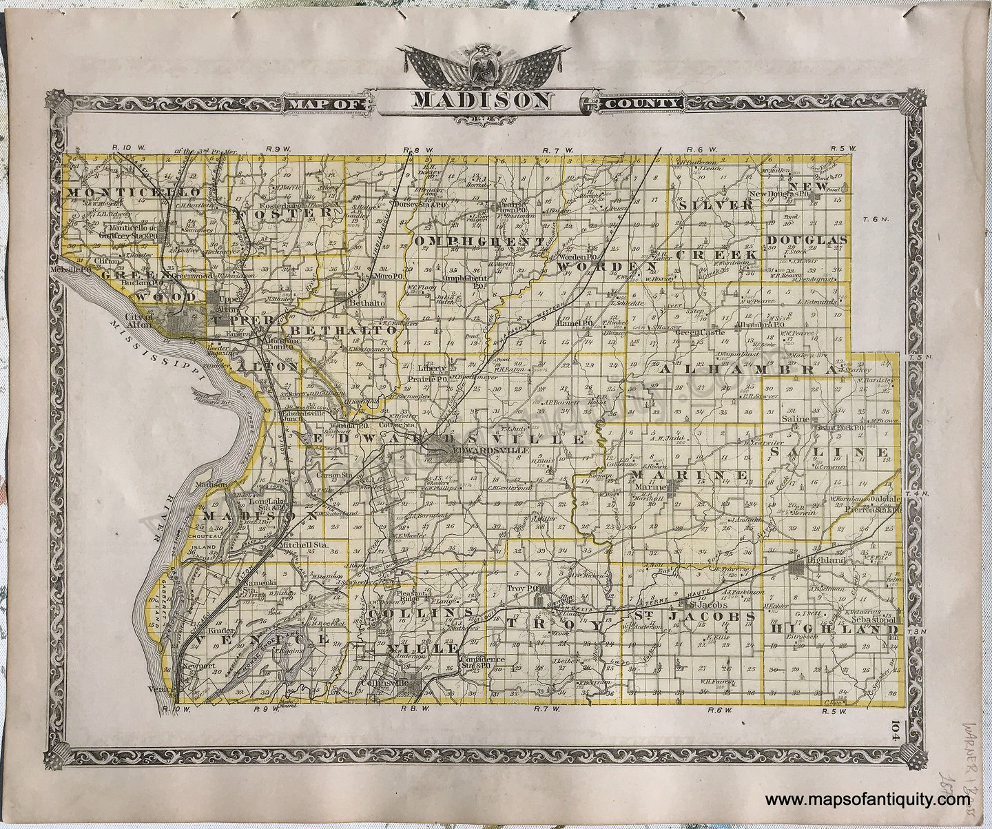 Antique-Hand-Colored-Map-Madison-County;-verso:-Bond-County-Illinois-1876-Warner-&-Beers-/-Union-Atlas-Co.-Midwest-1800s-19th-century-Maps-of-Antiquity