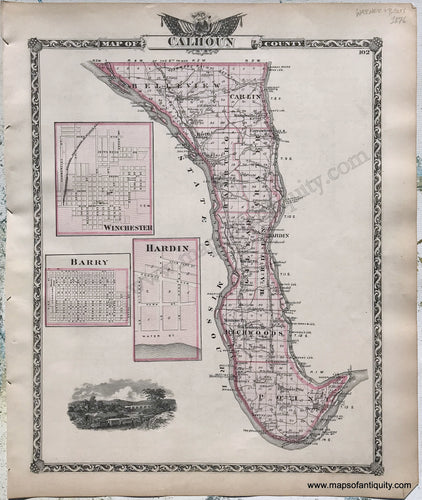 Antique-Hand-Colored-Map-Calhoun-County;-verso:-Jersey-County-Illinois-1876-Warner-&-Beers-/-Union-Atlas-Co.-Midwest-1800s-19th-century-Maps-of-Antiquity