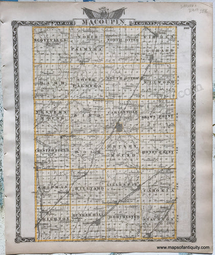 Antique-Hand-Colored-Map-Macoupin-County-verso:-Greene-County-Illinois-1876-Warner-&-Beers-/-Union-Atlas-Co.-Midwest-1800s-19th-century-Maps-of-Antiquity