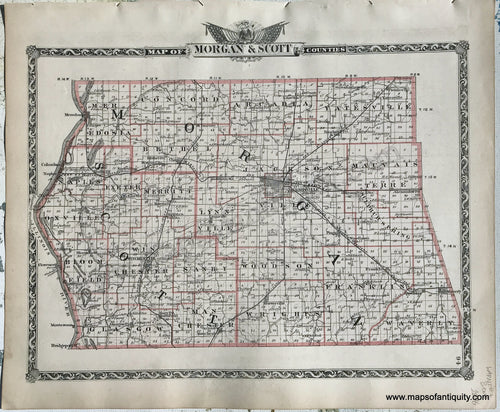 Antique-Hand-Colored-Map-Morgan-&-Scott-Counties;-verso:-Sangamon-County-Illinois-1876-Warner-&-Beers-/-Union-Atlas-Co.-Midwest-1800s-19th-century-Maps-of-Antiquity