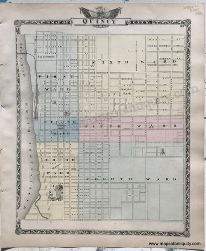 Antique-Hand-Colored-Map-Quincy-Illinois;-verso:-Pike-County-Illinois-1876-Warner-&-Beers-/-Union-Atlas-Co.-Midwest-1800s-19th-century-Maps-of-Antiquity