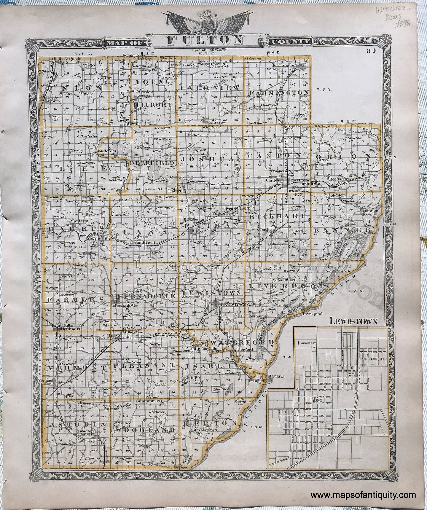 Antique-Hand-Colored-Map-Fulton-County;-verso:-McDonough-County-Illinois-1876-Warner-&-Beers-/-Union-Atlas-Co.-Midwest-1800s-19th-century-Maps-of-Antiquity