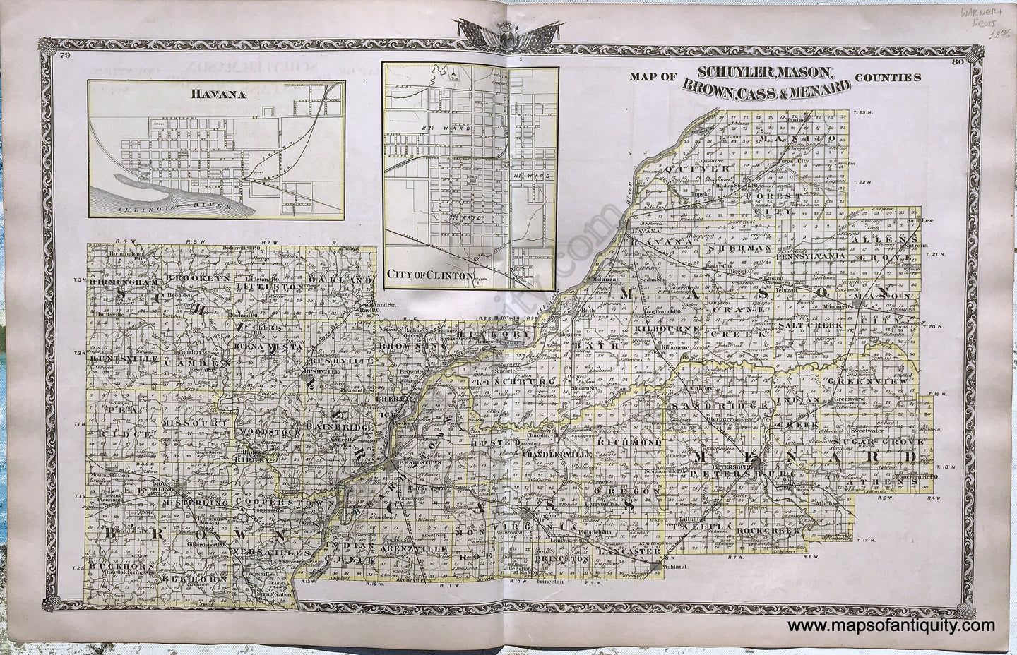 Antique-Hand-Colored-Map-Map-of-Schuyler-Mason-Brown-Cass-&-Menard-Counties;-versos:-Small-Illinois-city-maps-1876-Warner-&-Beers-/-Union-Atlas-Co.-Midwest-1800s-19th-century-Maps-of-Antiquity