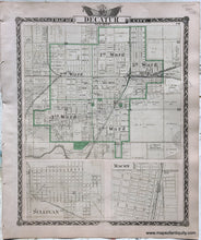 Load image into Gallery viewer, Antique-Hand-Colored-Map-Decatur-City;-verso:-Logan-County-1876-Warner-&amp;-Beers-/-Union-Atlas-Co.-Midwest-1800s-19th-century-Maps-of-Antiquity
