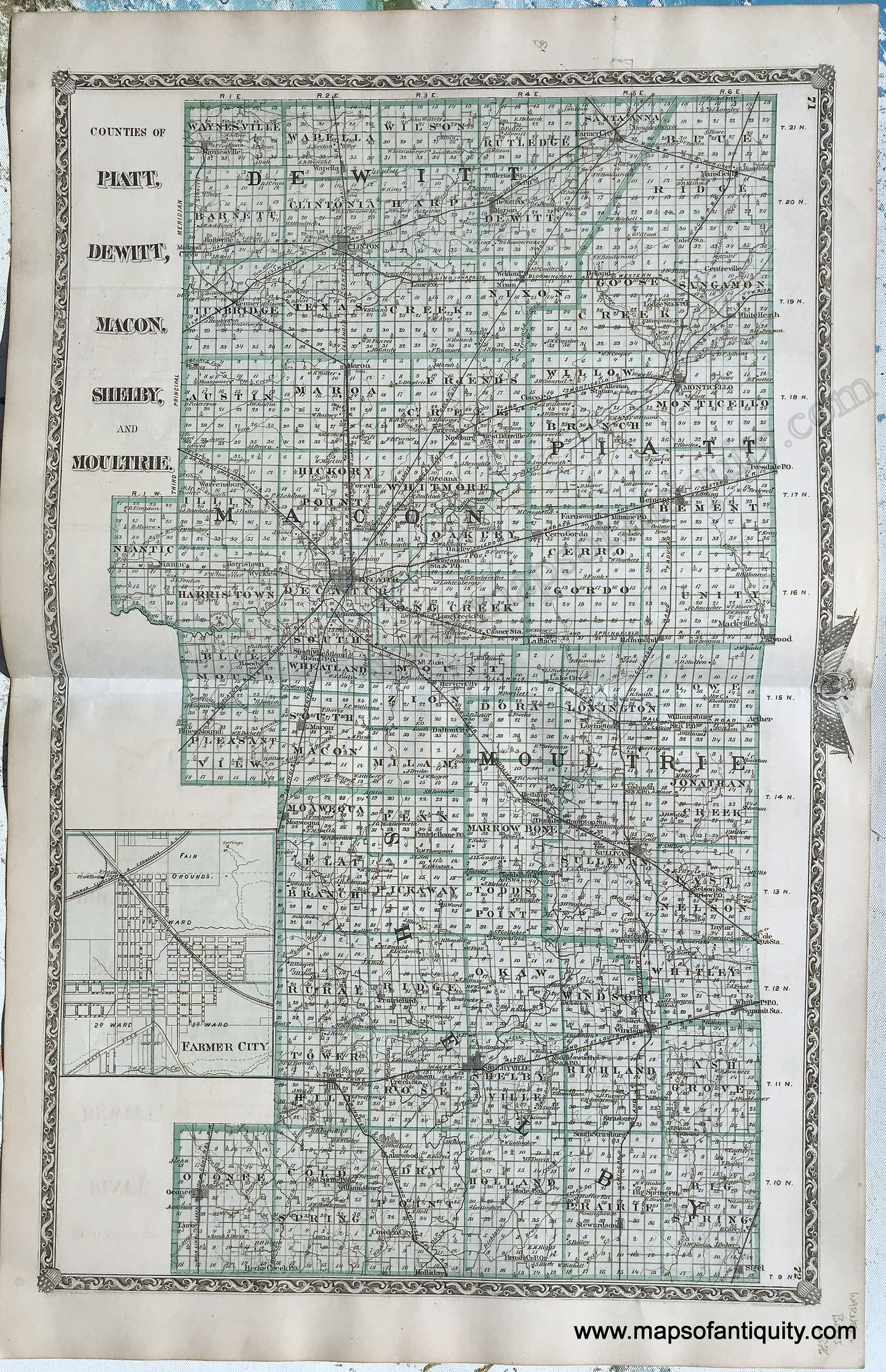 Antique-Hand-Colored-Map-Double-sided-sheet-with-multiple-maps:-Centerfold---Counties-of-Piatt-Dewitt-Macon-Shelby-and-Moultrie;-versos:-Coles-County-/-Douglas-County-and-Cumberland-County-Illinois-1876-Warner-&-Beers-/-Union-Atlas-Co.-Midwest-1800s-19th-century-Maps-of-Antiquity