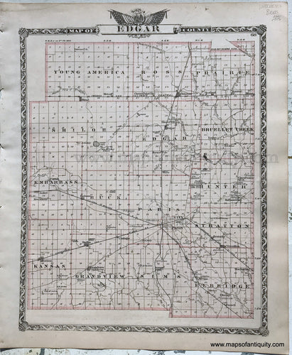 Antique-Hand-Colored-Map-Edgar-County;-verso:-Clark-County-Illinois-1876-Warner-&-Beers-/-Union-Atlas-Co.-Midwest-1800s-19th-century-Maps-of-Antiquity