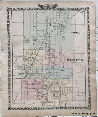 Antique-Hand-Colored-Map-Normal-and-Bloomington-Illinois;-verso:-Champaign-Urbana-Mattoon-and-Charleston-Illinois-1876-Warner-&-Beers-/-Union-Atlas-Co.-Midwest-1800s-19th-century-Maps-of-Antiquity