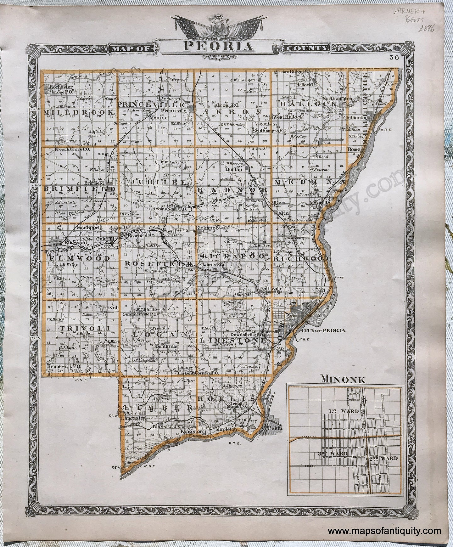 Antique-Hand-Colored-Map-Peoria-County;-verso:-Woodford-County-Illinois-1876-Warner-&-Beers-/-Union-Atlas-Co.-Midwest-1800s-19th-century-Maps-of-Antiquity
