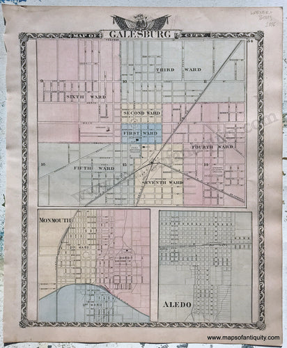 Antique-Hand-Colored-Map-Galesburg-Monmouth-and-Aledo-Illinois;-verso:-Oneida-Knoxville-Dallas-and-Peoria-Illinois-1876-Warner-&-Beers-/-Union-Atlas-Co.-Midwest-1800s-19th-century-Maps-of-Antiquity