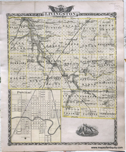 Antique-Hand-Colored-Map-Livingston-County;-verso:-Stark-and-west-part-of-Marshall-Counties-Illinois-1876-Warner-&-Beers-/-Union-Atlas-Co.-Midwest-1800s-19th-century-Maps-of-Antiquity