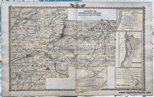 Antique-Hand-Colored-Map-Double-sided-sheet-with-multiple-maps:-centerfold--Counties-of-Kendall-Will-Grundy-and-south-part-of-Cook;-versos:-LaSalle-County-/-Kankakee-County-Illinois-1876-Warner-&-Beers-/-Union-Atlas-Co.-Midwest-1800s-19th-century-Maps-of-Antiquity