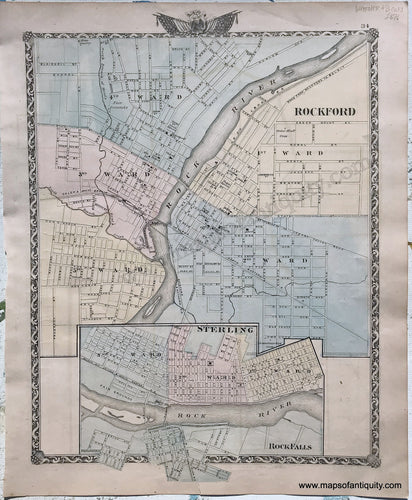 Antique-Hand-Colored-Map-Rockford-Sterling-and-Rock-Falls-Illinois;-verso:-Putman-and-east-part-of-Marshall-Counties-Illinois-1876-Warner-&-Beers-/-Union-Atlas-Co.-Midwest-1800s-19th-century-Maps-of-Antiquity