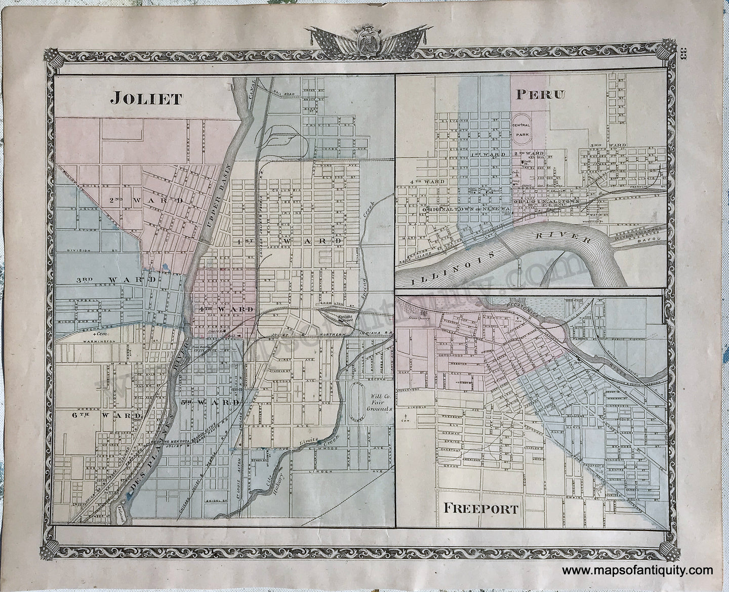 Antique-Hand-Colored-Map-Joliet-Peru-and-Freeport-Illinois;-verso:-Generelo-Cambridge-Fulton-Kewanee-and-Morrison-Illinois--1876-Warner-&-Beers-/-Union-Atlas-Co.-Midwest-1800s-19th-century-Maps-of-Antiquity