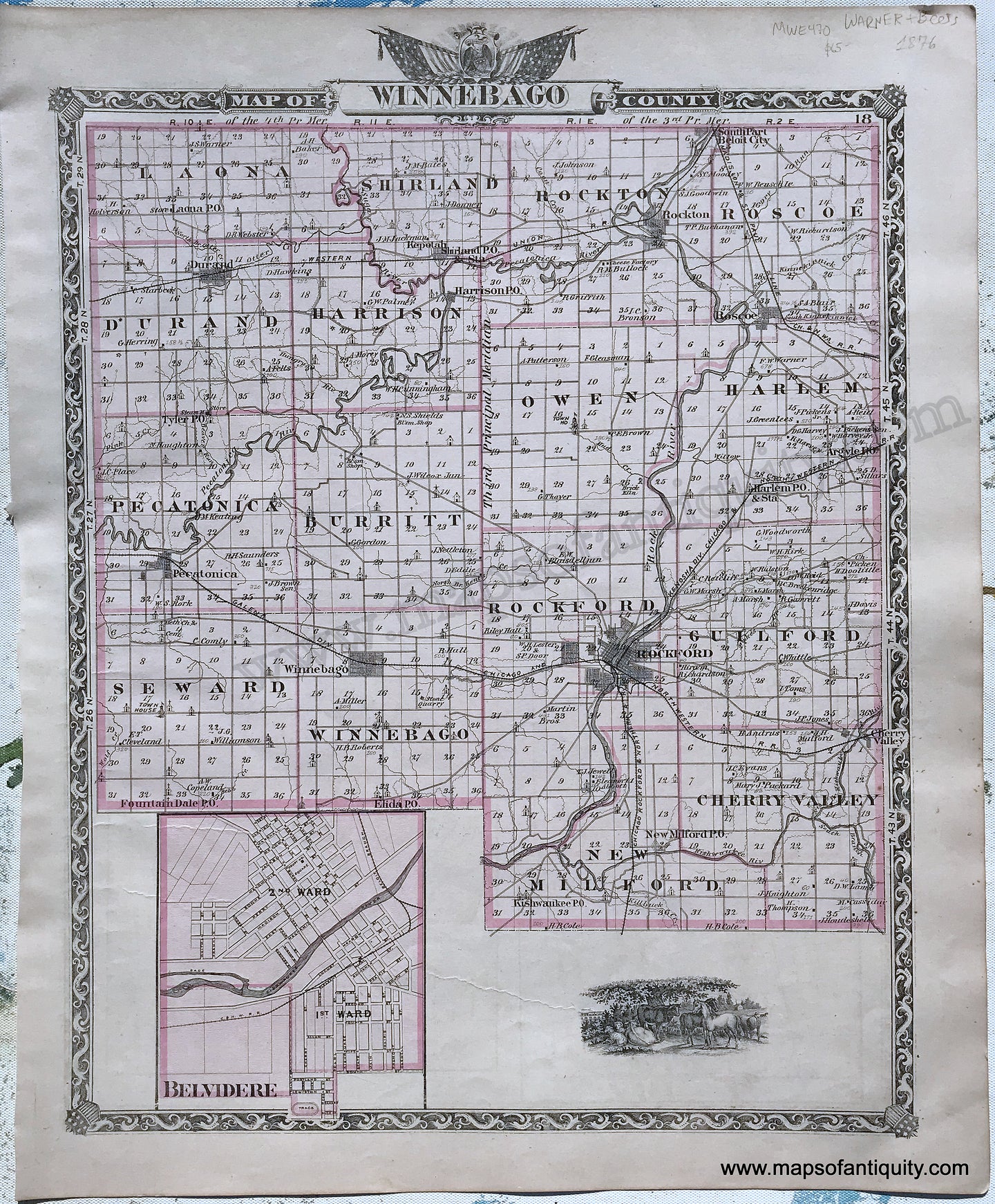 Antique-Hand-Colored-Map-Winnebago-County;-verso:-Stephenson-County-Illinois-1876-Warner-&-Beers-/-Union-Atlas-Co.-Midwest-1800s-19th-century-Maps-of-Antiquity