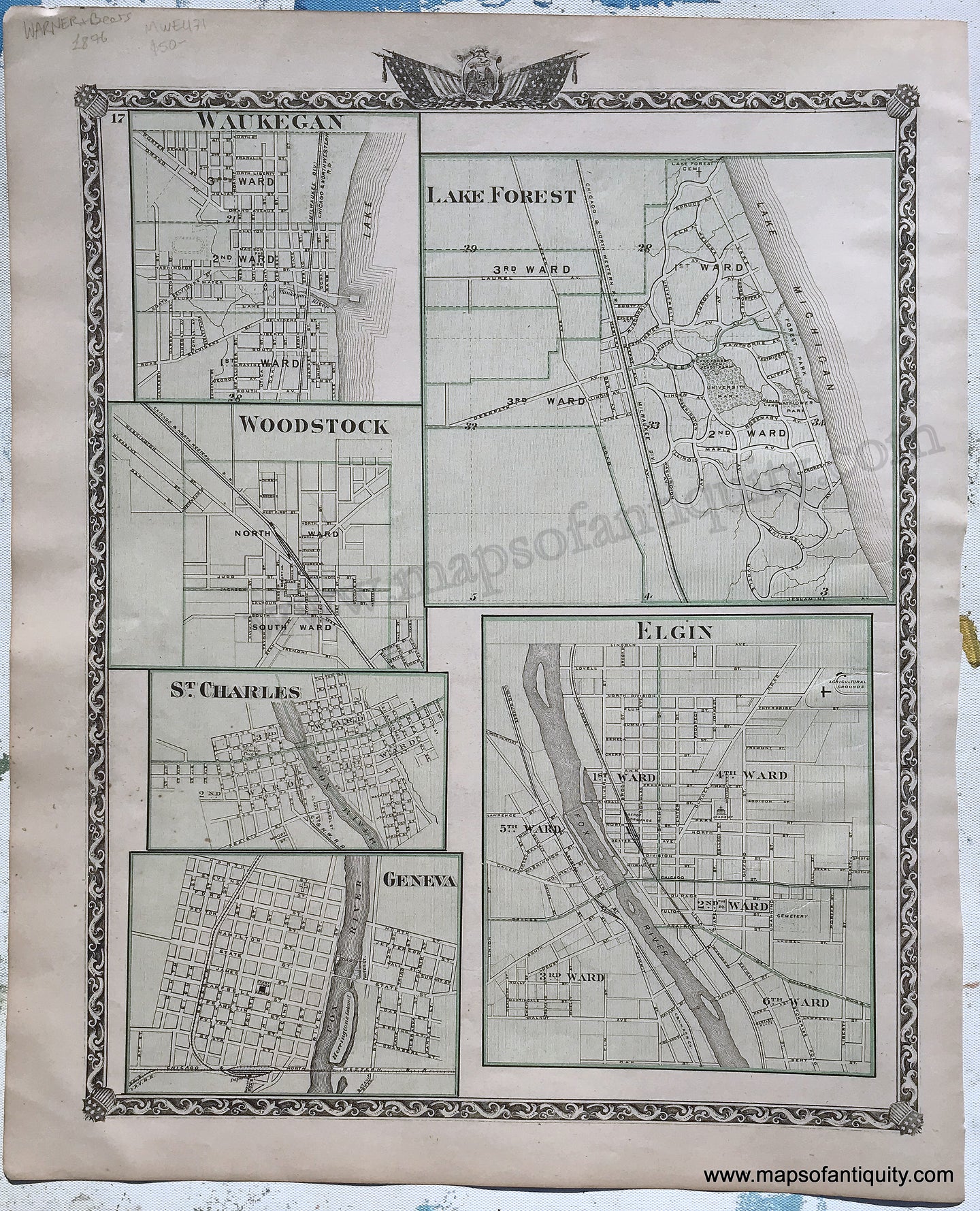 Antique-Hand-Colored-Map-Lake-Forest-Elgin-Waukegan-Woodstock-St-Charles-and-Geneva-Illinois-1876-Warner-&-Beers-/-Union-Atlas-Co.-Midwest-1800s-19th-century-Maps-of-Antiquity