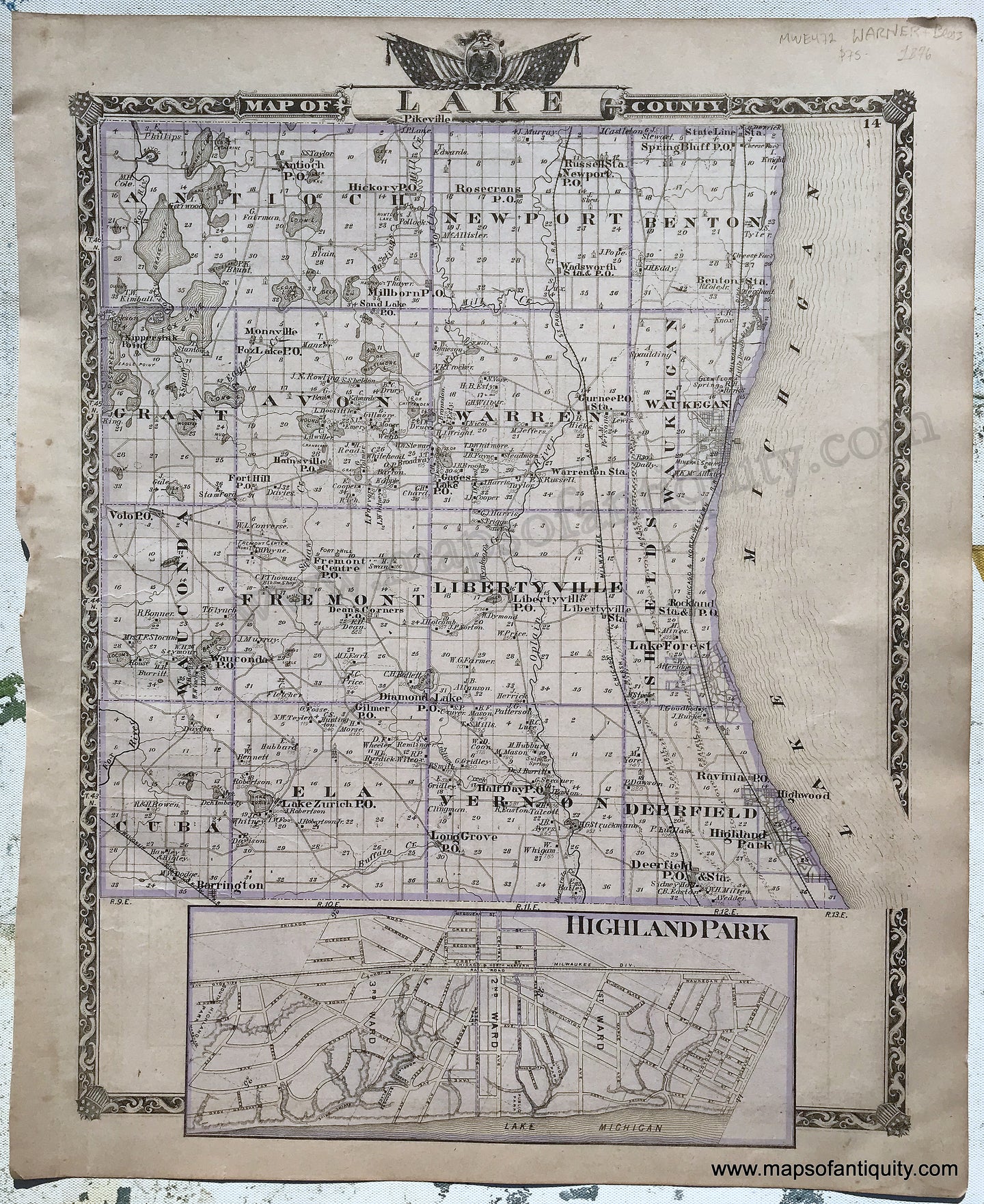 Antique-Hand-Colored-Map-Lake-County;-verso:-Boone-and-McHenry-Counties-Illinois-1876-Warner-&-Beers-/-Union-Atlas-Co.-Midwest-1800s-19th-century-Maps-of-Antiquity