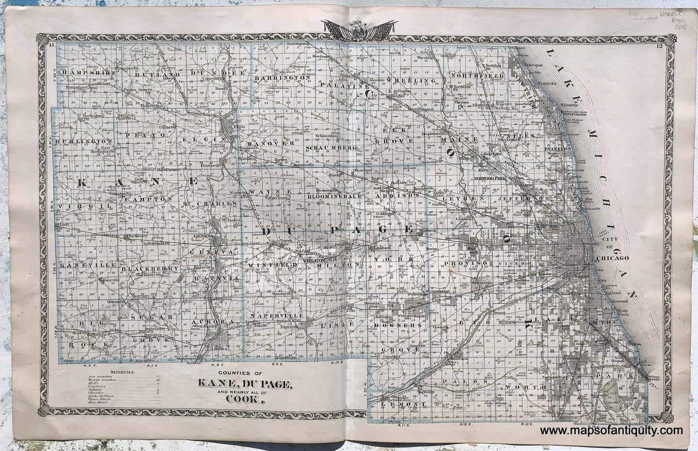 Antique-Hand-Colored-Map-Double-sided-sheet-with-multiple-maps:-centerfold--Counties-of-Kane-Du-Page-and-nearly-all-of-Cook;-versos:-Map-of-Chicago-City-/-Aurora-Naperville-and-Wheaton-Illinois-1876-Warner-&-Beers-/-Union-Atlas-Co.-Midwest-1800s-19th-century-Maps-of-Antiquity