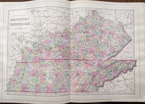 Antique-Hand-Colored-Map-County-Map-of-Kentucky-and-Tennessee-United-States-Midwest-1884-Mitchell-Maps-Of-Antiquity-1800s-19th-century