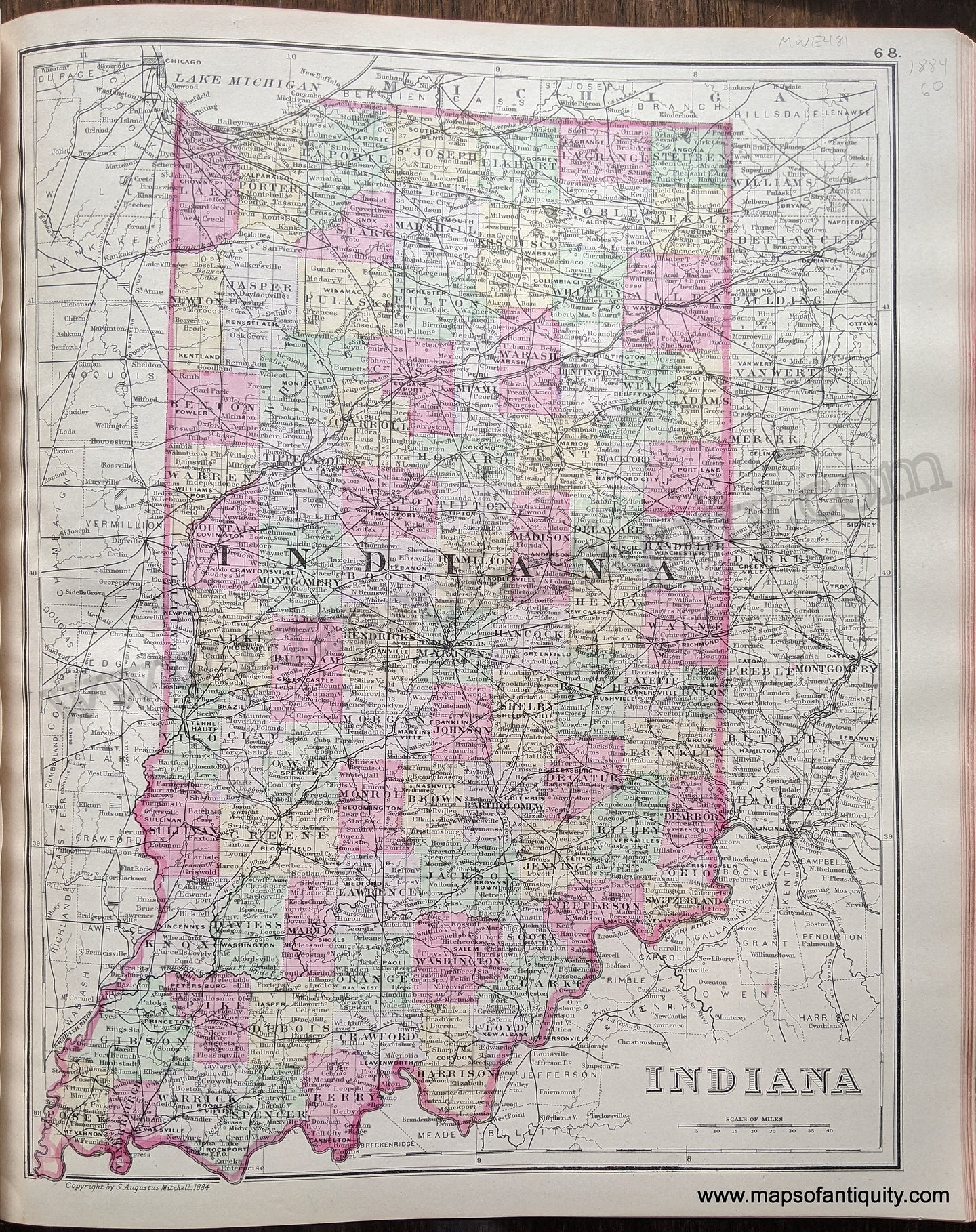 Antique-Hand-Colored-Map-Indiana-United-States-Midwest-1884-Mitchell-Maps-Of-Antiquity-1800s-19th-century