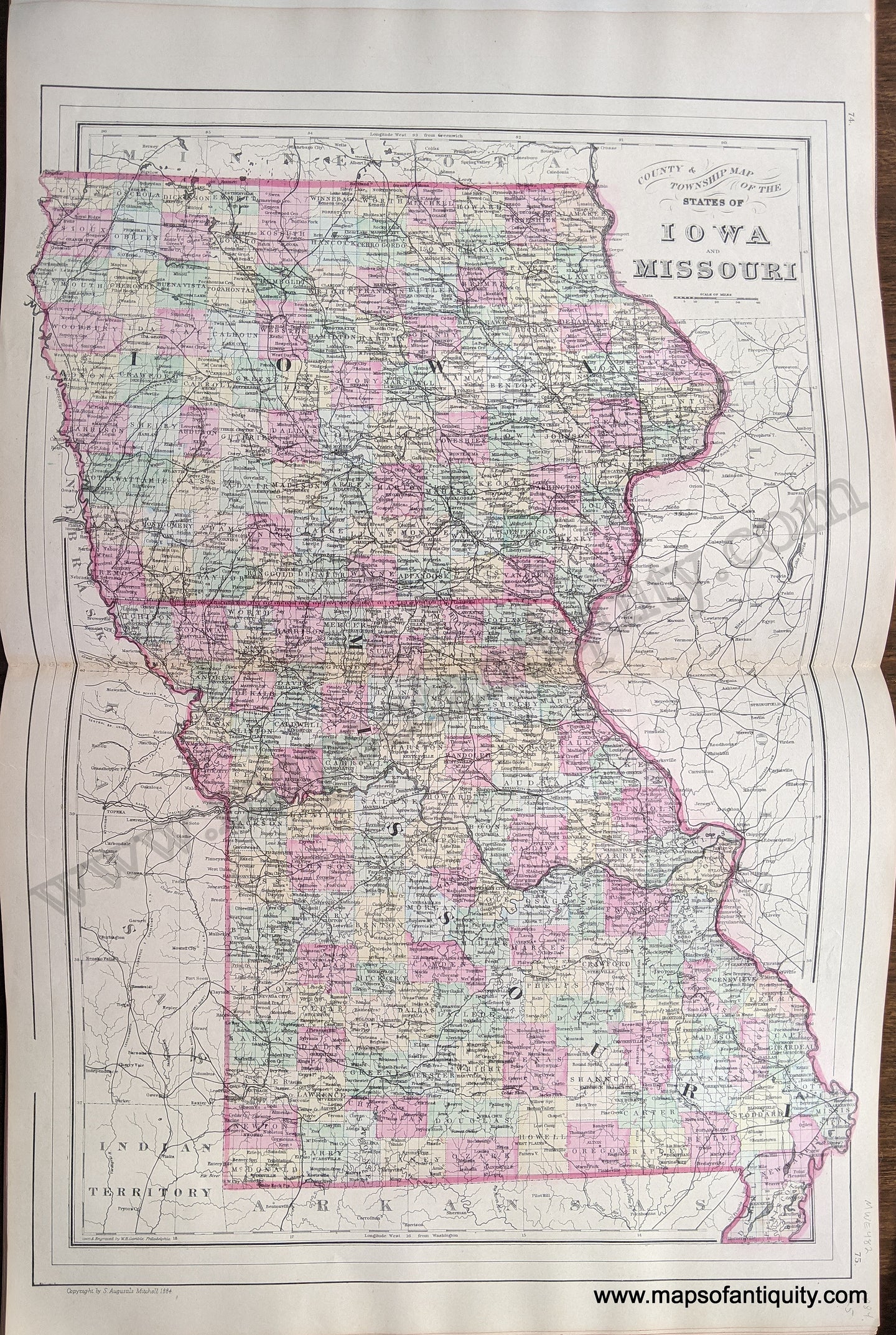 Antique-Hand-Colored-Map-Double-sided-sheet-with-multiple-maps:-Centerfold---County-and-Township-Map-of-the-States-of-Iowa-and-Missouri-/-Map-of-St.-Louis-on-reverse-United-States-Midwest-1884-Mitchell-Maps-Of-Antiquity-1800s-19th-century