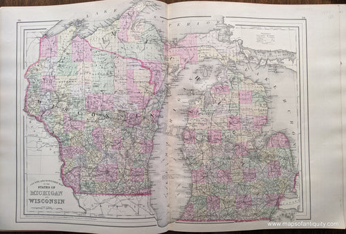 Antique-Hand-Colored-Map-Double-sided-sheet-with-multiple-maps:-Centerfold---County-and-Township-Map-of-the-States-of-Michigan-and-Wisconsin;-versos:-Plan-of-Milwaukee-/-Plan-of-the-City-of-Detroit-United-States-Midwest-1884-Mitchell-Maps-Of-Antiquity-1800s-19th-century