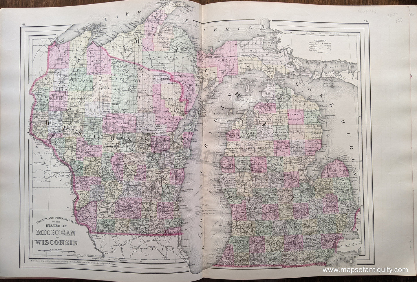 Antique-Hand-Colored-Map-Double-sided-sheet-with-multiple-maps:-Centerfold---County-and-Township-Map-of-the-States-of-Michigan-and-Wisconsin;-versos:-Plan-of-Milwaukee-/-Plan-of-the-City-of-Detroit-United-States-Midwest-1884-Mitchell-Maps-Of-Antiquity-1800s-19th-century