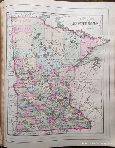 Antique-Hand-Colored-Map-County-Map-of-Minnesota-United-States-Midwest-1884-Mitchell-Maps-Of-Antiquity-1800s-19th-century