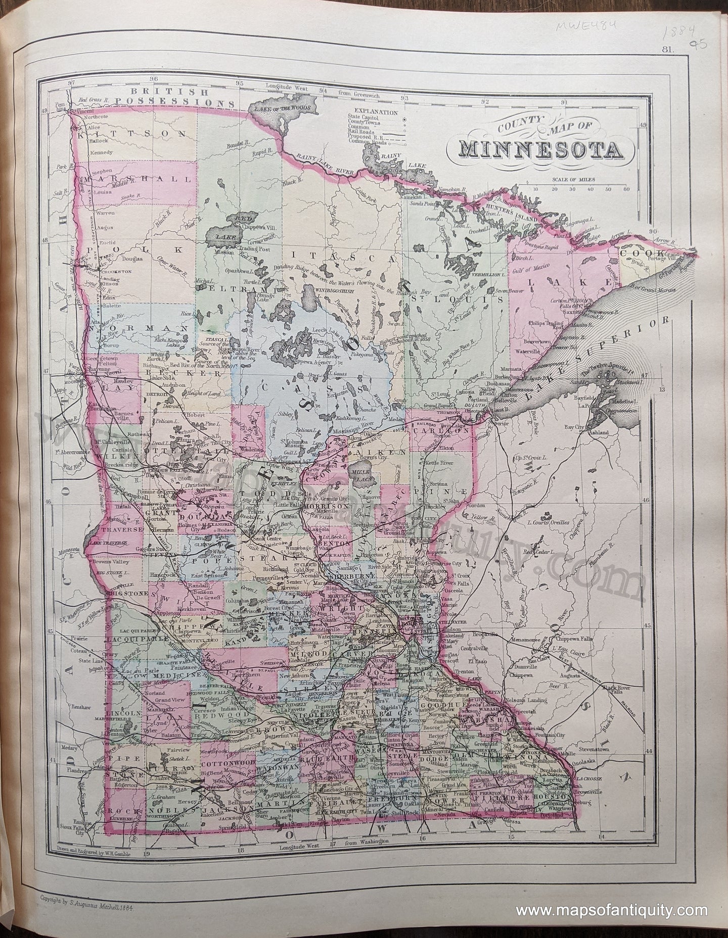 Antique-Hand-Colored-Map-County-Map-of-Minnesota-United-States-Midwest-1884-Mitchell-Maps-Of-Antiquity-1800s-19th-century