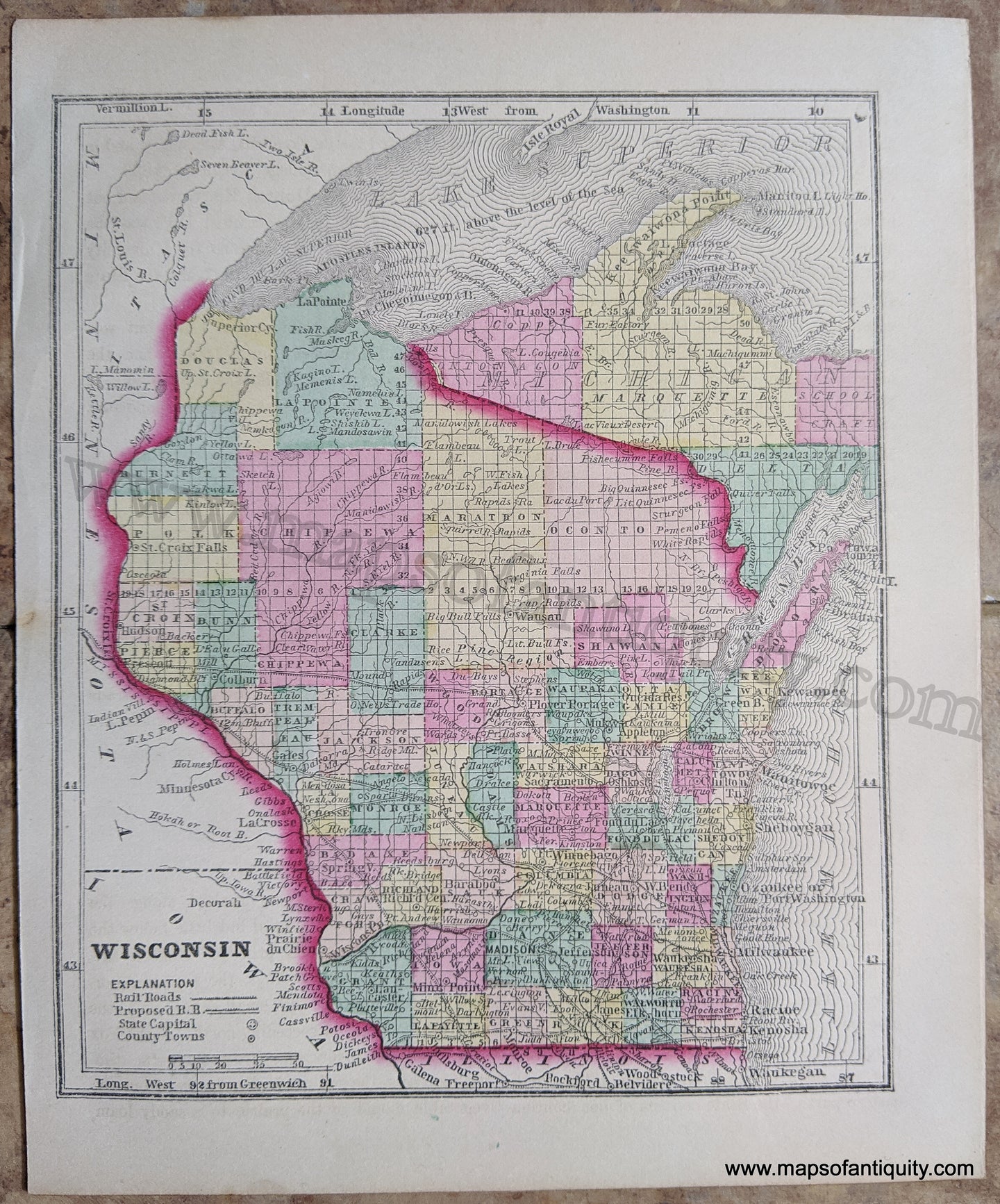 Antique-Hand-Colored-Map-Wisconsin-United-States-Midwest-1857-Morse-and-Gaston-Maps-Of-Antiquity-1800s-19th-century