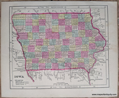 Antique-Hand-Colored-Map-Iowa-United-States-Midwest-1857-Morse-and-Gaston-Maps-Of-Antiquity-1800s-19th-century