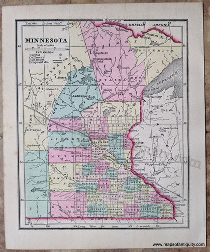 Antique-Hand-Colored-Map-Minnesota-United-States-Midwest-1857-Morse-and-Gaston-Maps-Of-Antiquity-1800s-19th-century
