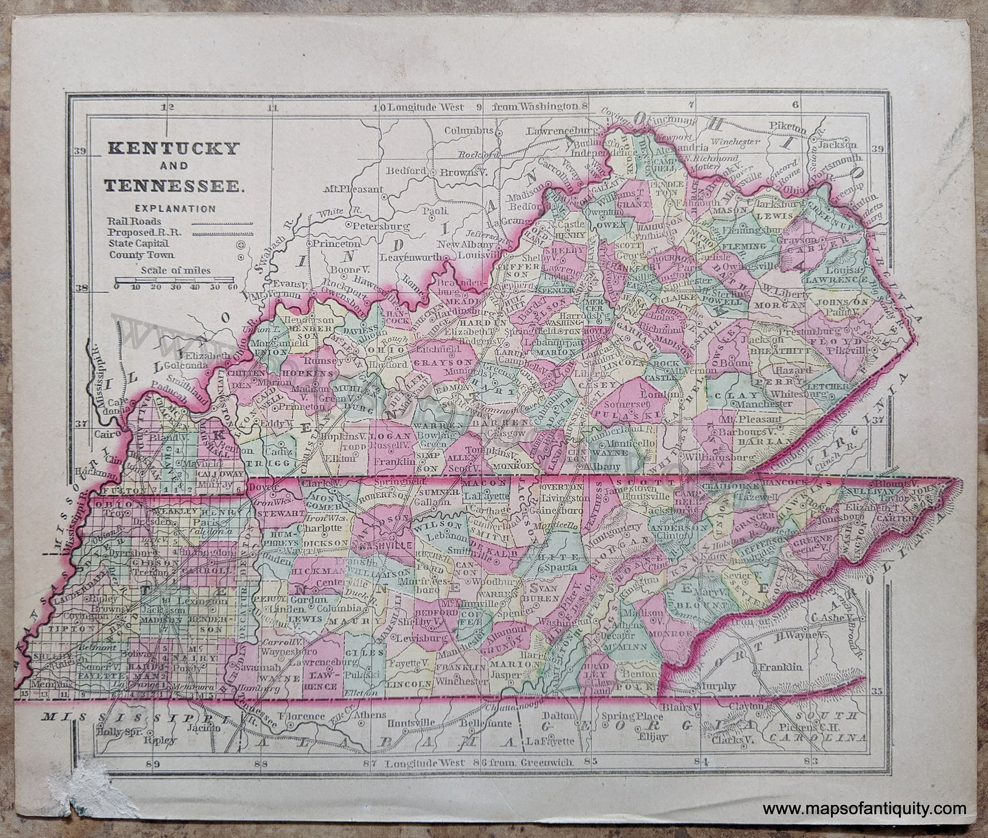 Antique-Hand-Colored-Map-Kentucky-and-Tennessee-United-States-Midwest-1857-Morse-and-Gaston-Maps-Of-Antiquity-1800s-19th-century