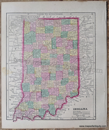 Antique-Hand-Colored-Map-Indiana-United-States-Midwest-1857-Morse-and-Gaston-Maps-Of-Antiquity-1800s-19th-century