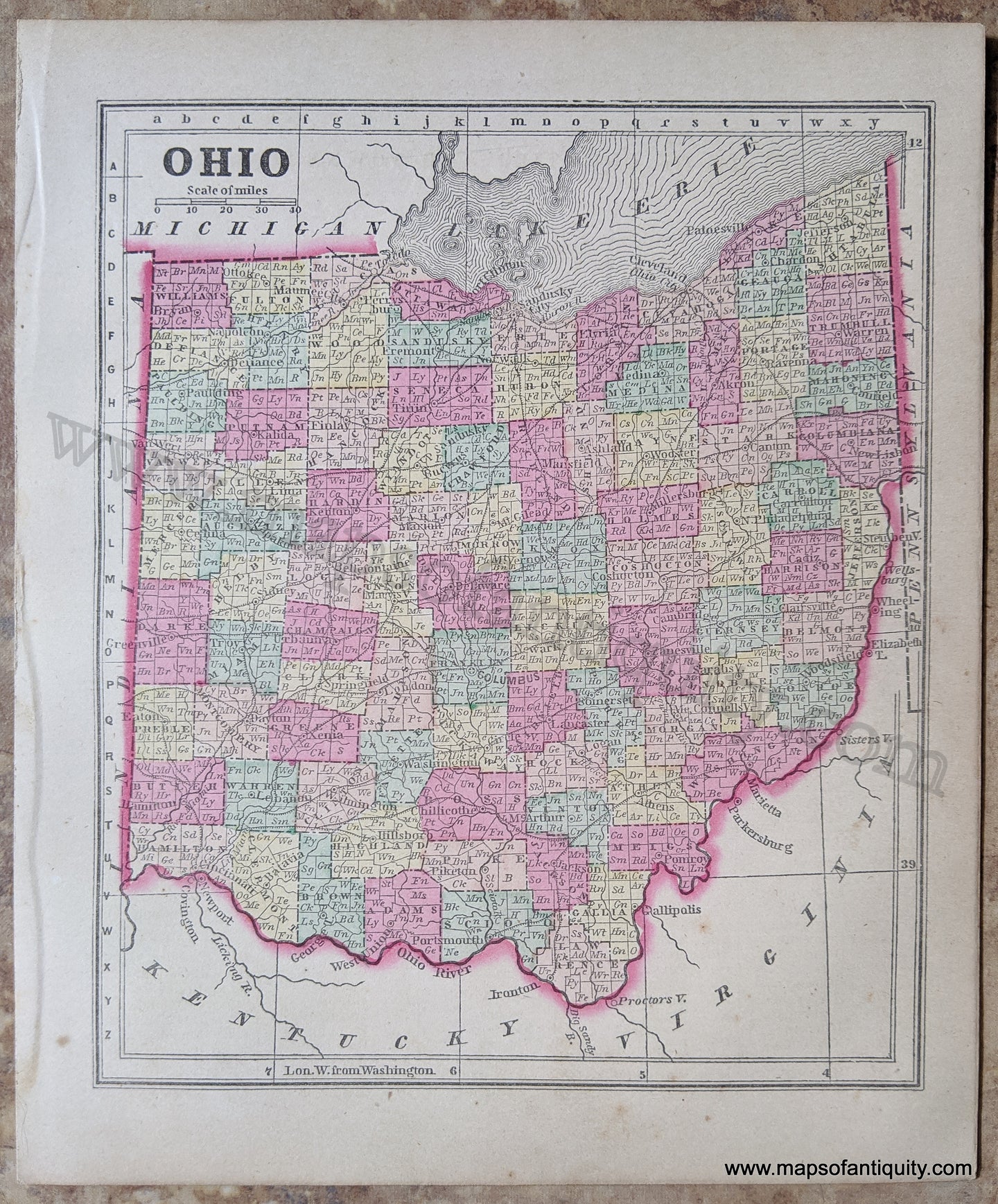Antique-Uncolored-Map-Ohio-United-States-Midwest-1857-Morse-and-Gaston-Maps-Of-Antiquity-1800s-19th-century