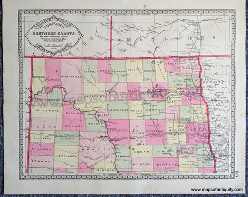 Antique-Map-Tunison's-Northern-Dakota-and-part-of-Manitoba-Canada;-verso:-Tunison's-Southern-Dakota-United-States-Dakota-1888-Tunison-Maps-Of-Antiquity-1800s-19th-century