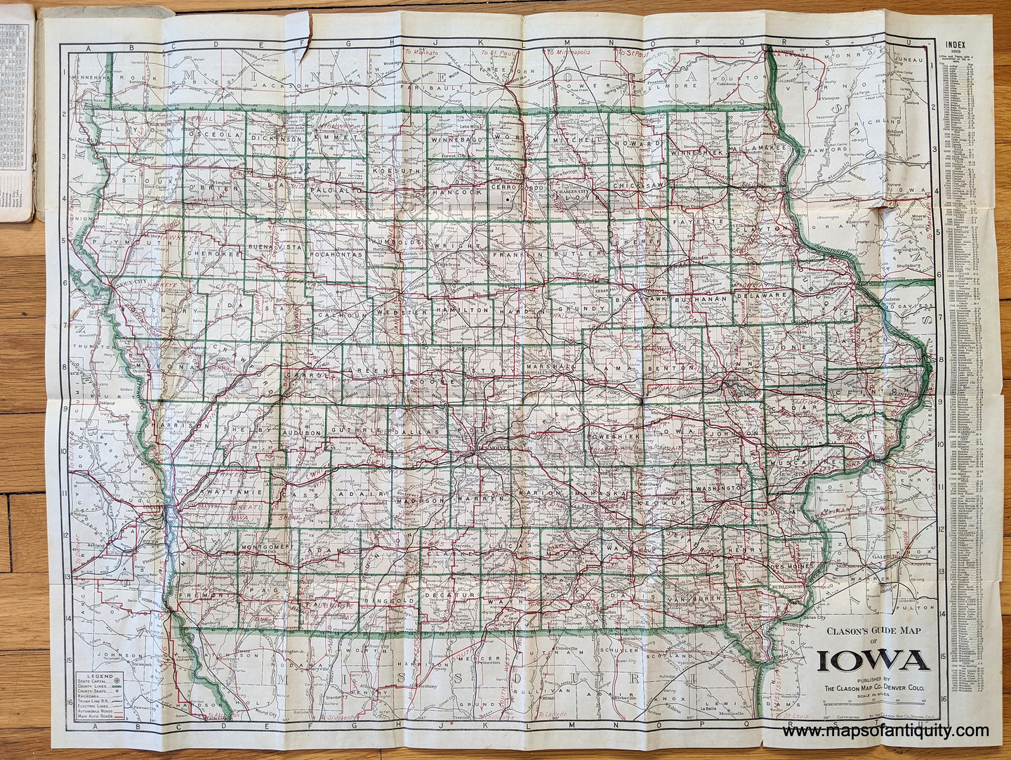 Genuine-Antique-Folding-Map-Clason's-Guide-Map-of-Iowa-United-States-Midwest-1919-Clason-Map-Co.-Maps-Of-Antiquity-1800s-19th-century