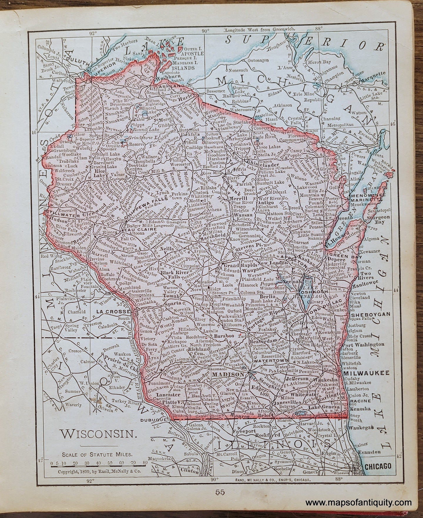Genuine-Antique-Map-Wisconsin-1900-Rand-McNally-Maps-Of-Antiquity