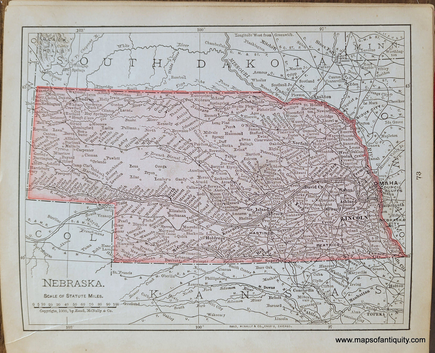 Genuine-Antique-Map-Nebraska-1900-Rand-McNally-Maps-Of-Antiquity