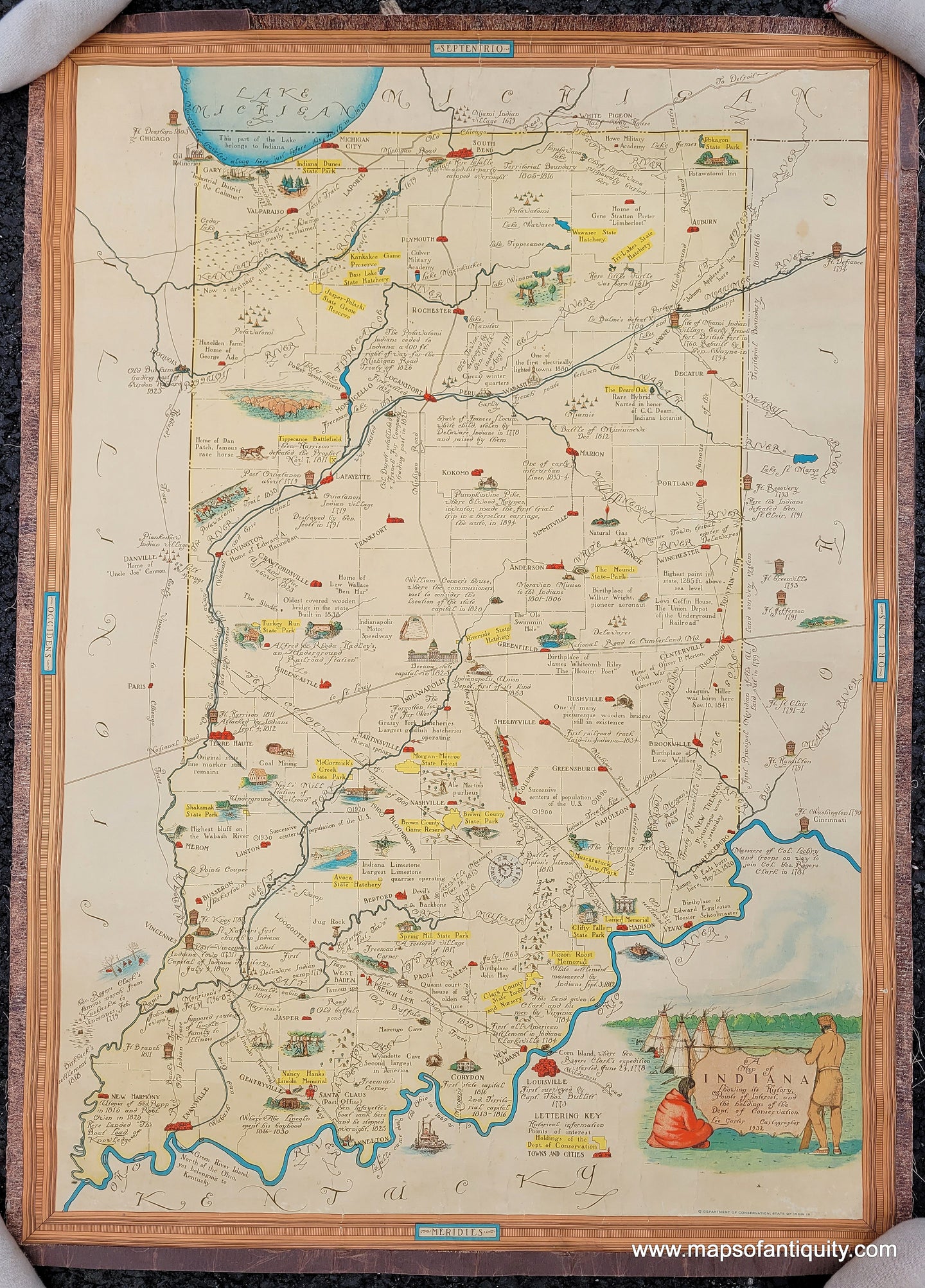 Genuine-Antique-Map-A-Map-of-Indiana-Showing-its-History-Points-of-Interest-and-the-Holdings-of-the-Dept-Of-Conservation--1932-Lee-Carter-Maps-Of-Antiquity