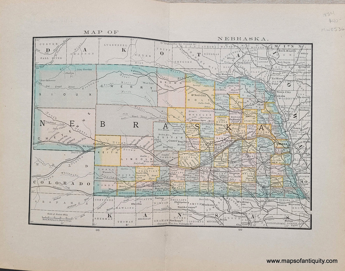 Genuine Antique Map-Map of Nebraska-1884-Rand McNally & Co-Maps-Of-Antiquity