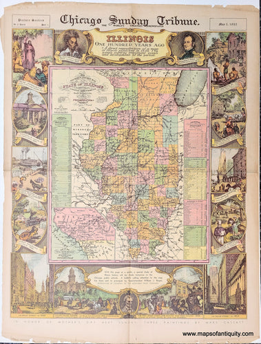 Genuine-Antique-Map-Illinois-One-Hundred-Years-Ago-1935-Chicago-Sunday-Tribune-Maps-Of-Antiquity