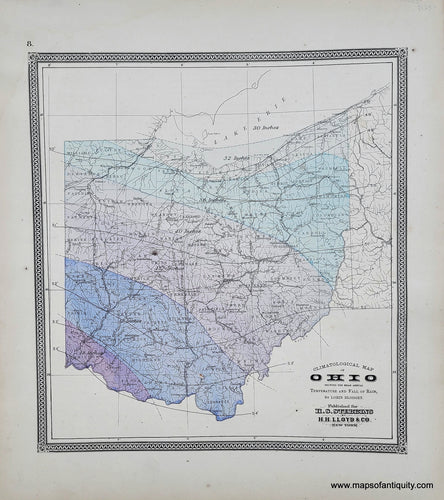 Genuine-Antique-Hand-colored-Map-Climatological-Map-of-Ohio-showing-the-mean-annual-Temperature-and-Fall-of-Rain-by-Lorin-Blodget-1868-Stebbins-Lloyd-Maps-Of-Antiquity