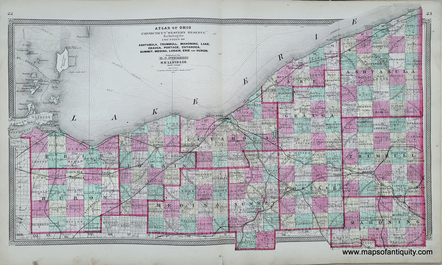 Genuine-Antique-Hand-colored-Map-Atlas-of-Ohio-Connecticut-Western-Reserve-Including-the-Counties-of-Ashtabula-Trumbull-Mahoning-Lake-Geauga-Portage-Cuyahoga-Summit-Medina-Lorain-Erie-and-Huron--1868-Stebbins-Lloyd-Maps-Of-Antiquity