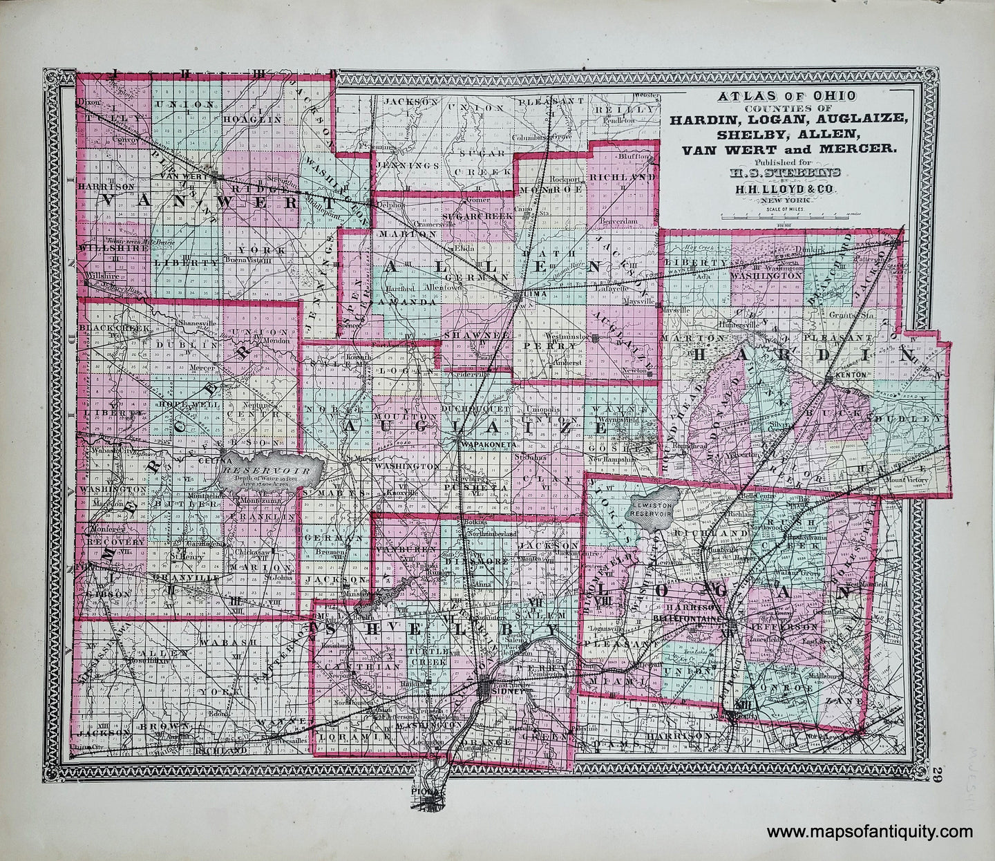 Genuine-Antique-Hand-colored-Map-Atlas-of-Ohio-Counties-of-Hardin-Logan-Auglaize-Shelby-Allen-Van-Wert-and-Merger-1868-Stebbins-Lloyd-Maps-Of-Antiquity